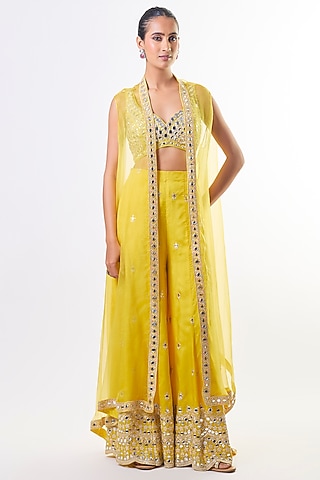 Yellow Tussar Embroidered Flared Pant Set by GOPI VAID