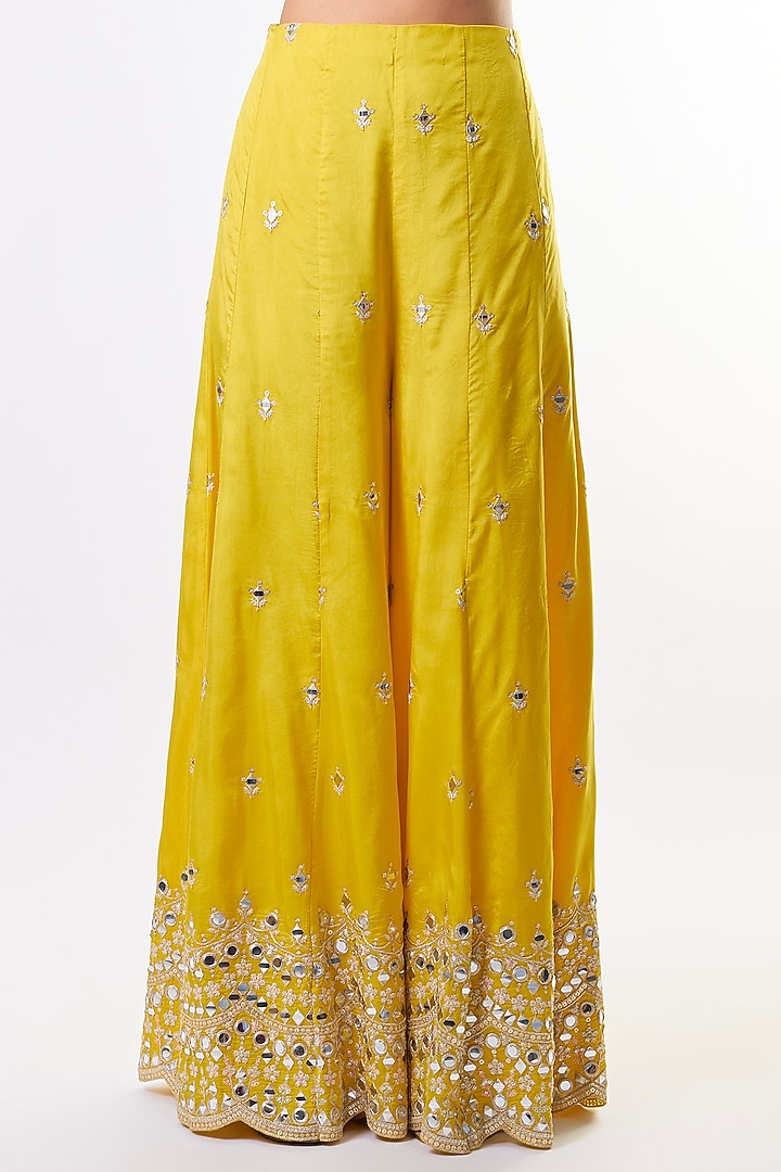 Yellow Tussar Embroidered Flared Pant Set by GOPI VAID at Pernia's Pop Up Shop