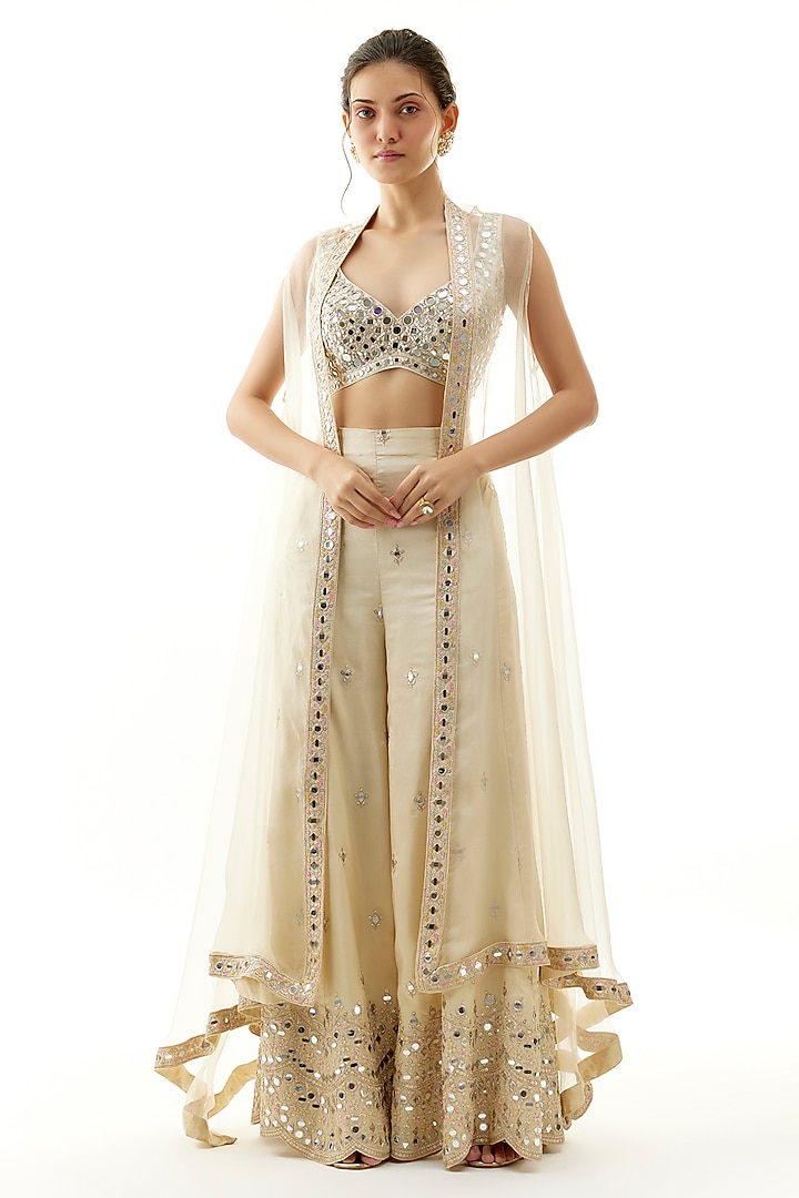 Ivory Organza Mirror Hand Embroidered Cape Set by Gopi Vaid at Pernia's Pop Up Shop