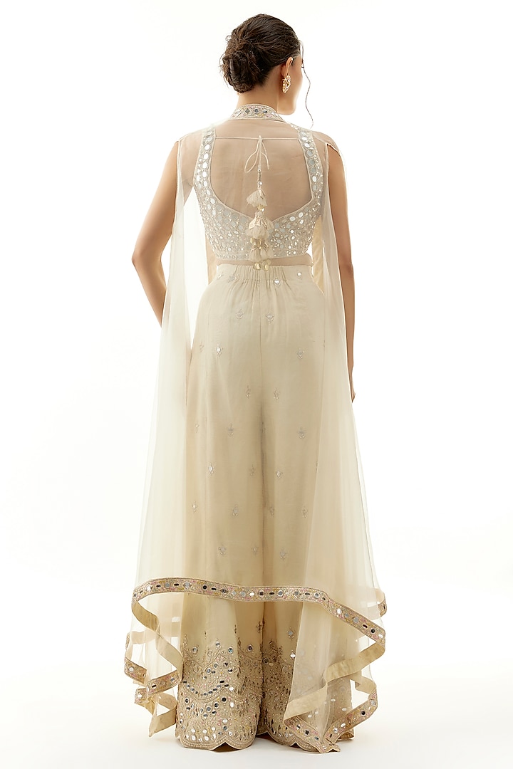 Ivory Organza Mirror Hand Embroidered Cape Set by Gopi Vaid at Pernia's Pop Up Shop