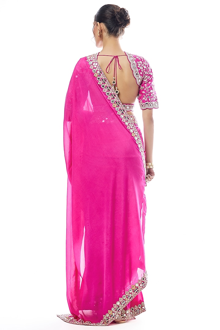 Pink Chiffon Embroidered Wedding Saree Set by GOPI VAID at Pernia's Pop Up Shop