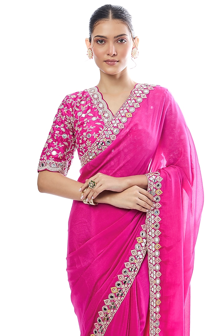 Pink Chiffon Embroidered Wedding Saree Set by GOPI VAID at Pernia's Pop Up Shop