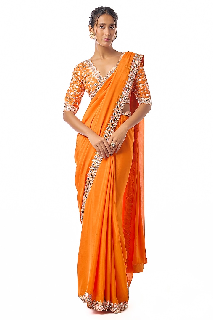 Orange Chiffon Embroidered Wedding Saree Set by GOPI VAID at Pernia's Pop Up Shop