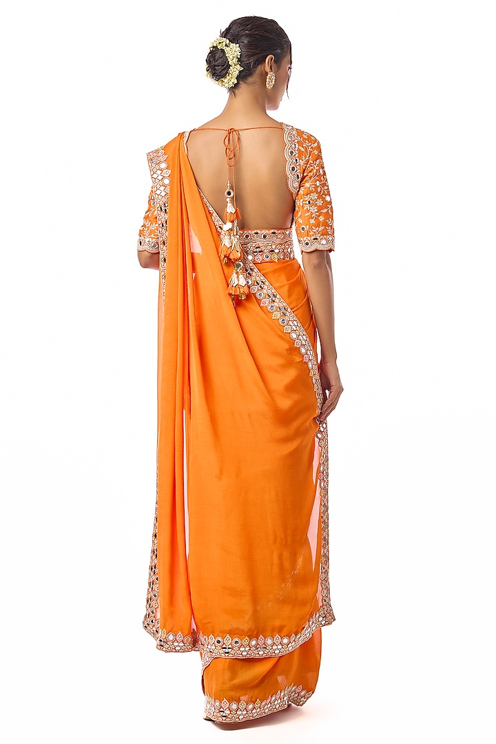 Orange Chiffon Embroidered Wedding Saree Set by GOPI VAID at Pernia's Pop Up Shop