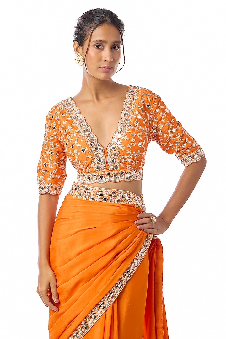 Orange Chiffon Embroidered Wedding Saree Set by GOPI VAID at Pernia's Pop Up Shop