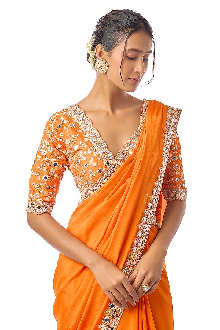 Orange Chiffon Embroidered Wedding Saree Set by GOPI VAID at Pernia's Pop Up Shop