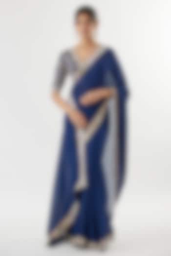 Blue Chiffon Sequins Embroidered Wedding Saree Set by GOPI VAID at Pernia's Pop Up Shop