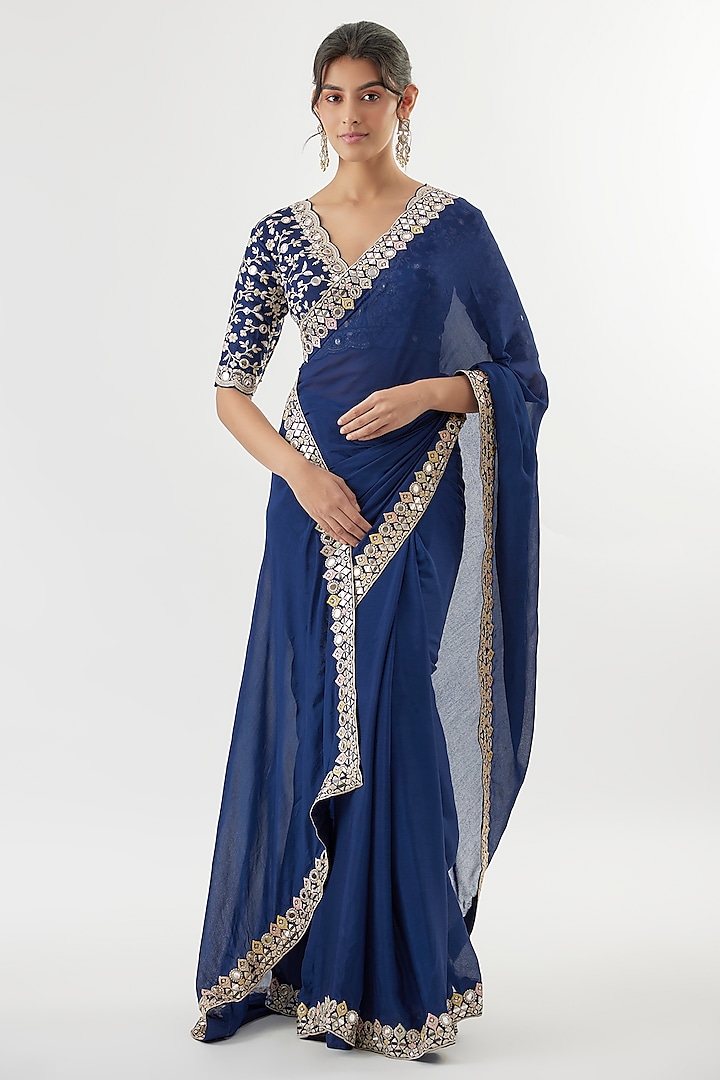 Blue Chiffon Sequins Embroidered Wedding Saree Set by GOPI VAID at Pernia's Pop Up Shop