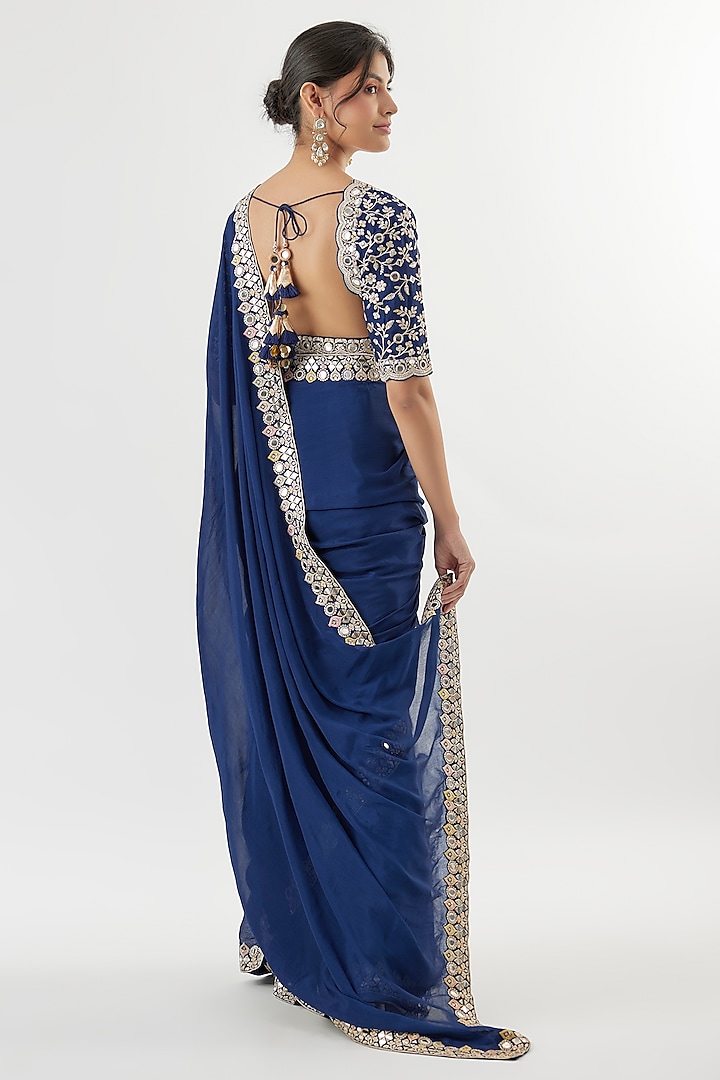 Blue Chiffon Sequins Embroidered Wedding Saree Set by GOPI VAID at Pernia's Pop Up Shop
