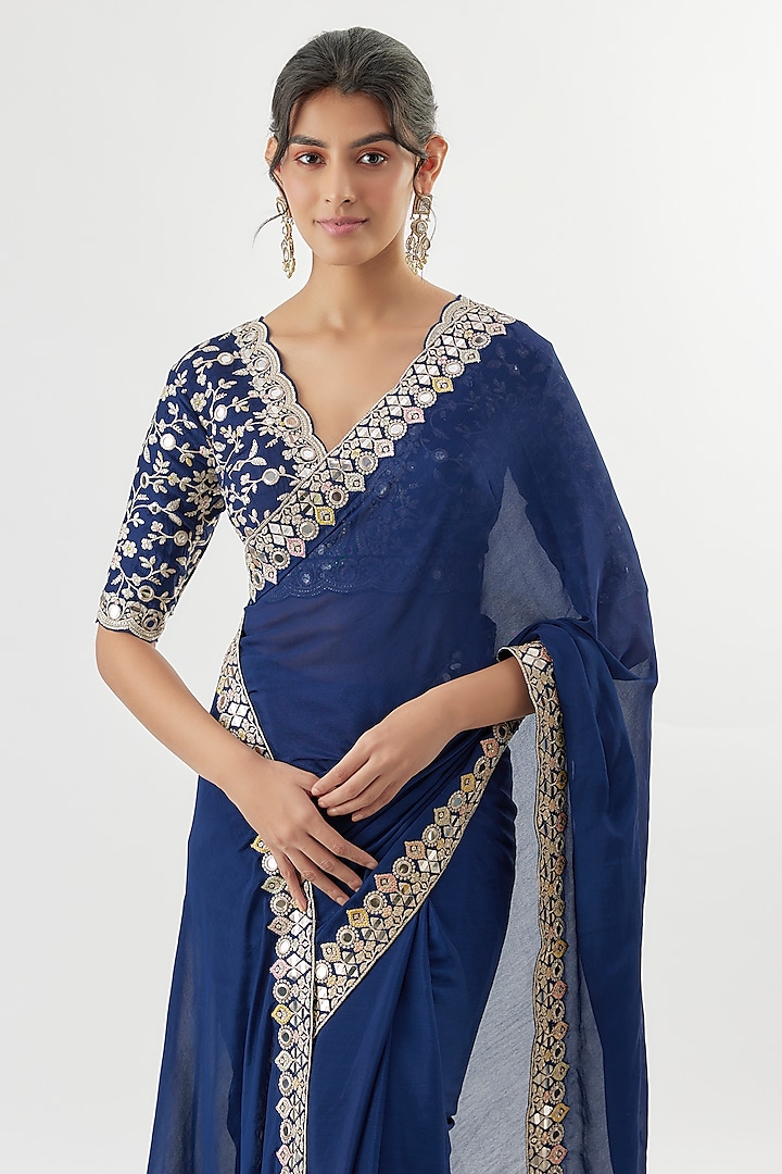Blue Chiffon Sequins Embroidered Wedding Saree Set by GOPI VAID at Pernia's Pop Up Shop