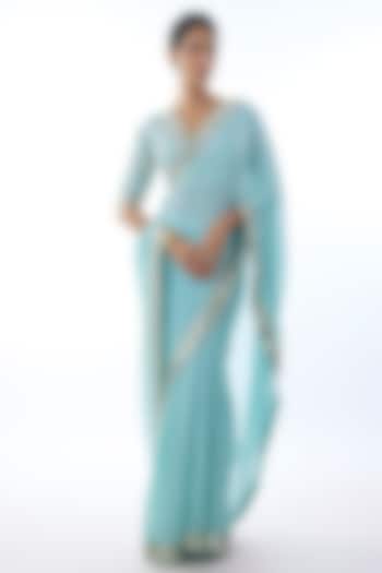Powder Blue Chiffon Embroidered Wedding Saree Set by Gopi Vaid at Pernia's Pop Up Shop