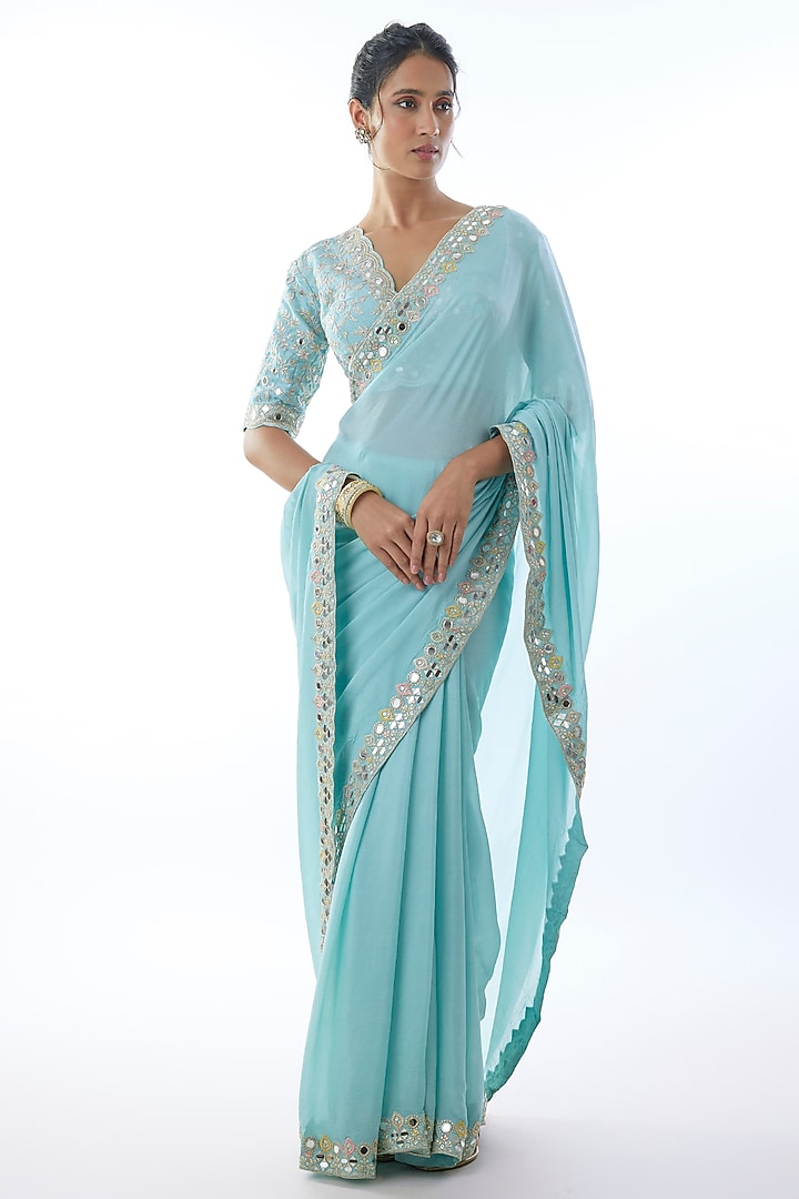 Powder Blue Chiffon Embroidered Wedding Saree Set by Gopi Vaid at Pernia's Pop Up Shop