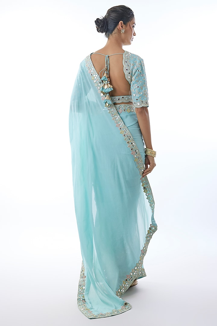 Powder Blue Chiffon Embroidered Wedding Saree Set by Gopi Vaid at Pernia's Pop Up Shop