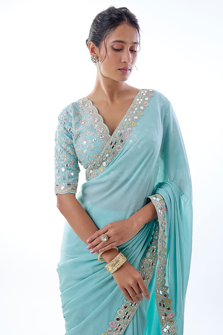 Powder Blue Chiffon Embroidered Wedding Saree Set by Gopi Vaid at Pernia's Pop Up Shop