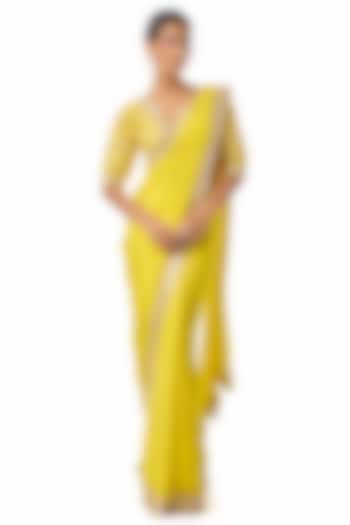 Yellow Chiffon Embroidered Wedding Saree Set by GOPI VAID at Pernia's Pop Up Shop