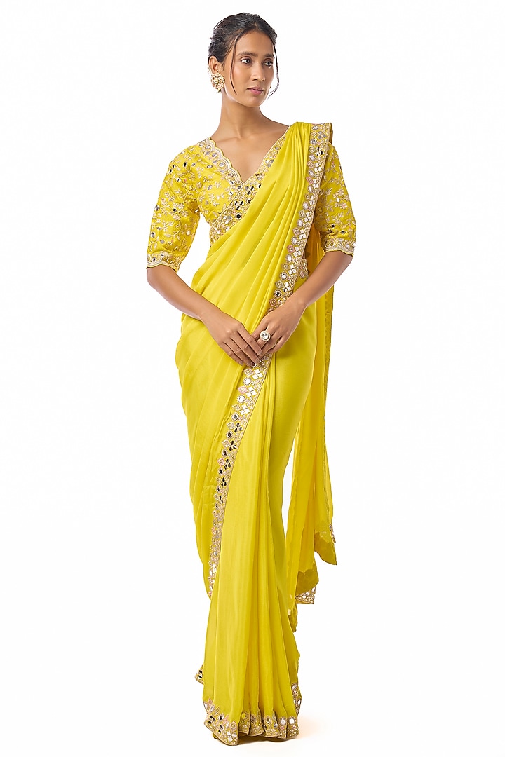 Yellow Chiffon Embroidered Wedding Saree Set by GOPI VAID at Pernia's Pop Up Shop