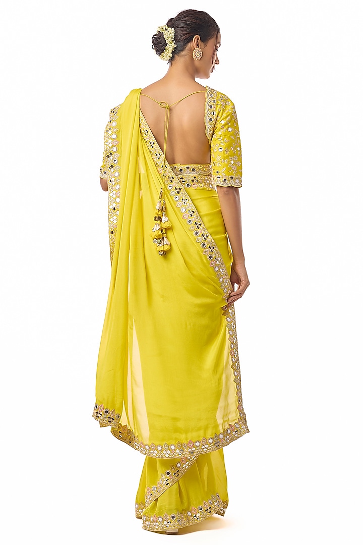 Yellow Chiffon Embroidered Wedding Saree Set by GOPI VAID at Pernia's Pop Up Shop