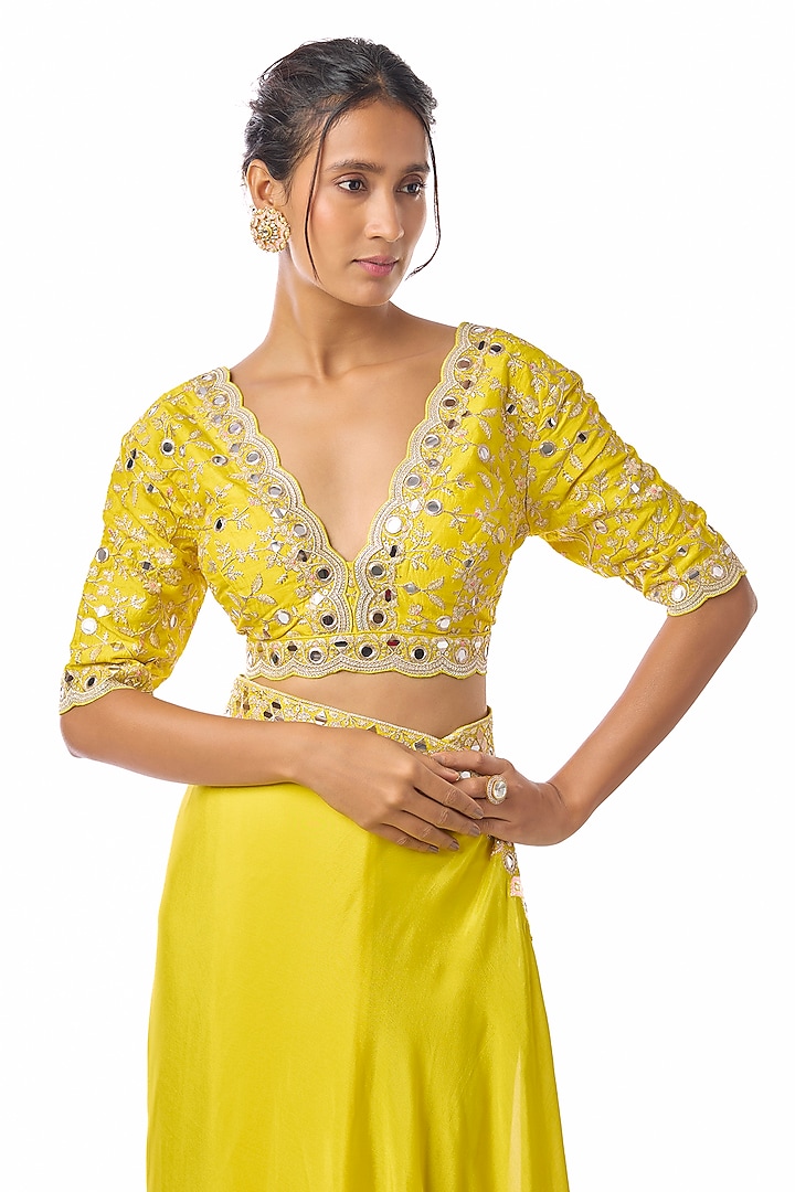 Yellow Chiffon Embroidered Wedding Saree Set by GOPI VAID at Pernia's Pop Up Shop
