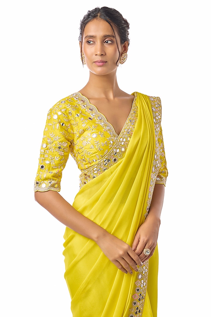 Yellow Chiffon Embroidered Wedding Saree Set by GOPI VAID at Pernia's Pop Up Shop