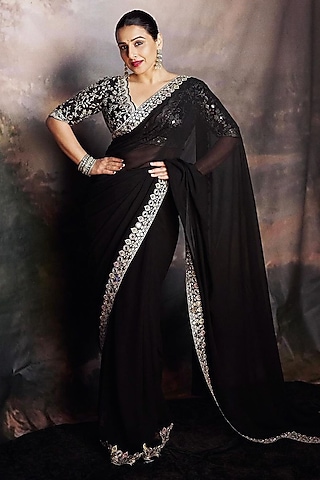 Black Chiffon Embroidered Saree Set by GOPI VAID