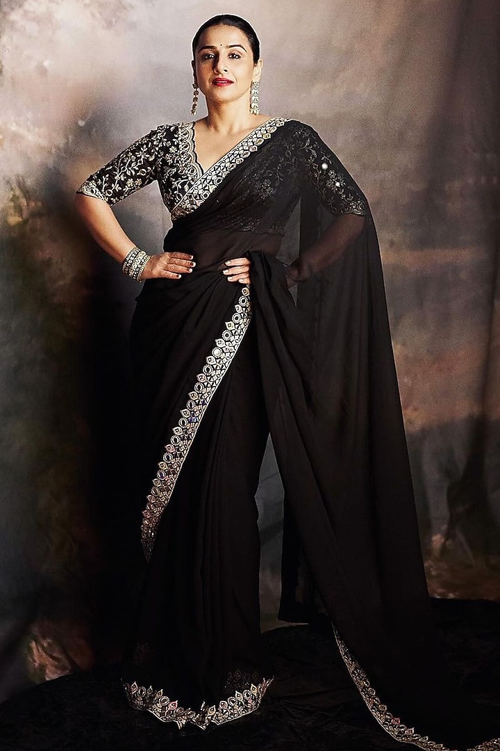 Black Chiffon Embroidered Wedding Saree Set by GOPI VAID at Pernia's Pop Up Shop