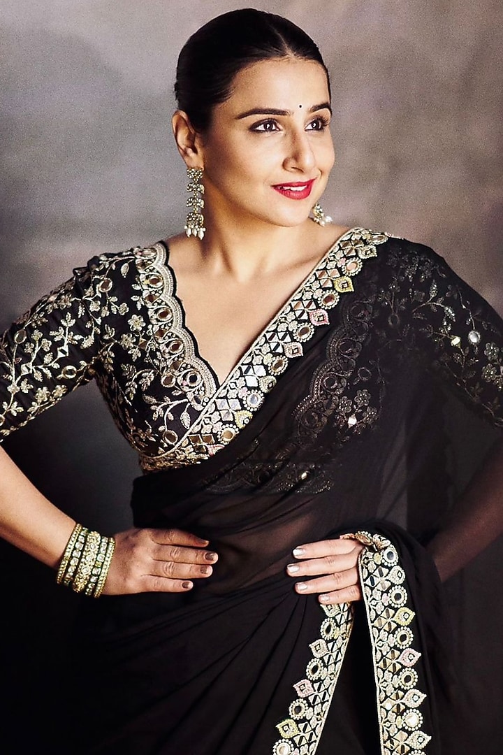 Black Chiffon Embroidered Wedding Saree Set by GOPI VAID at Pernia's Pop Up Shop