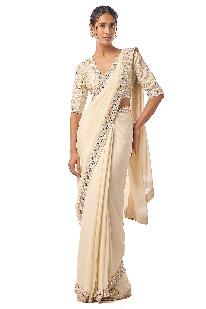 Ivory Chiffon Embroidered Wedding Saree Set by GOPI VAID at Pernia's Pop Up Shop