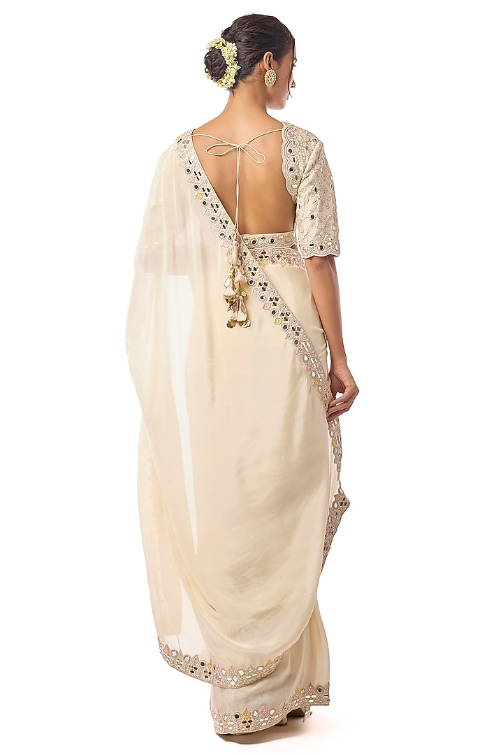 Ivory Chiffon Embroidered Wedding Saree Set by GOPI VAID at Pernia's Pop Up Shop