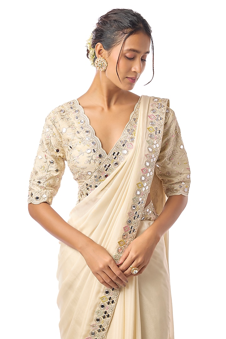 Ivory Chiffon Embroidered Wedding Saree Set by GOPI VAID at Pernia's Pop Up Shop