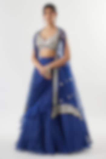 Blue Georgette & Organza Jacket Wedding Lehenga Set by GOPI VAID at Pernia's Pop Up Shop