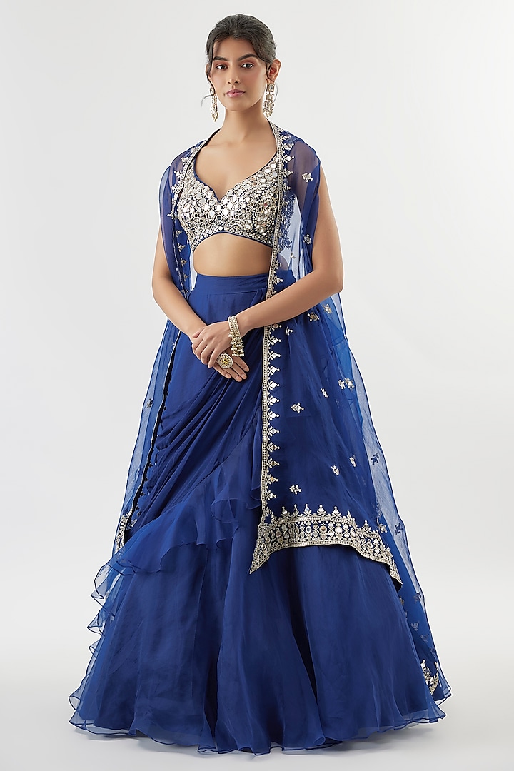 Blue Georgette & Organza Jacket Wedding Lehenga Set by GOPI VAID at Pernia's Pop Up Shop