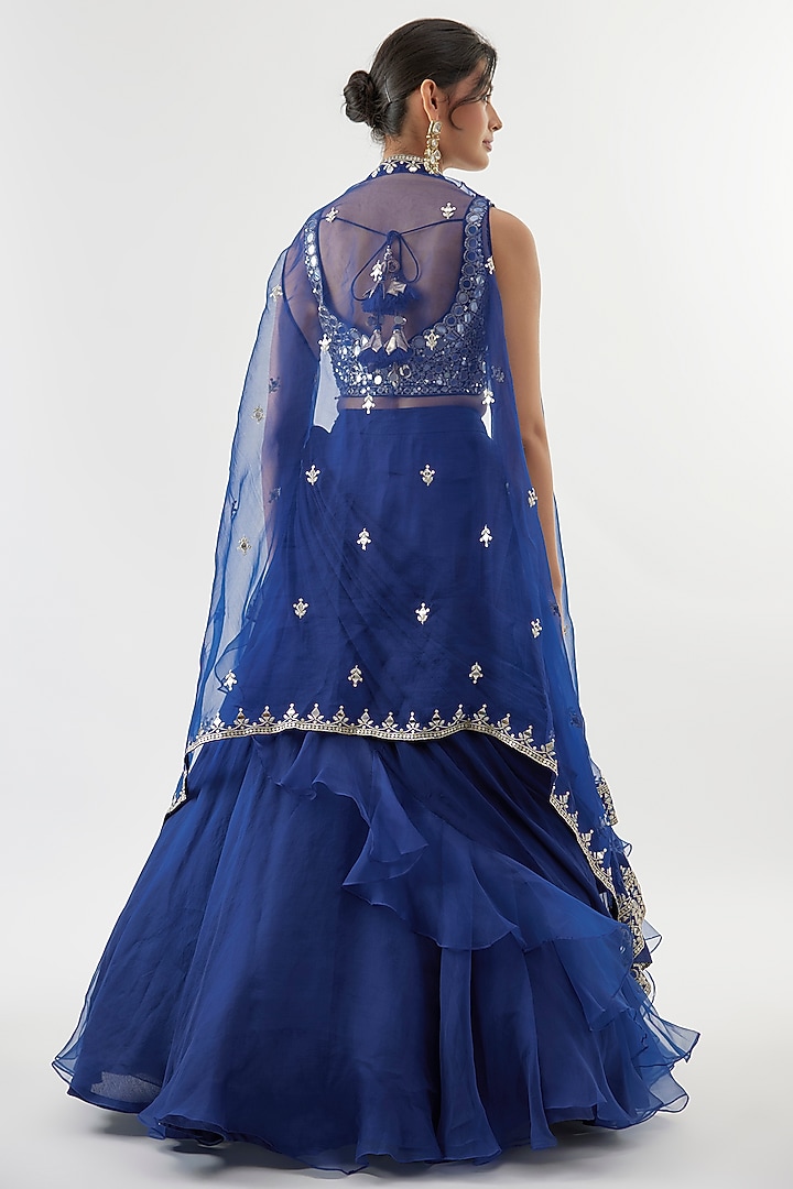 Blue Georgette & Organza Jacket Wedding Lehenga Set by GOPI VAID at Pernia's Pop Up Shop