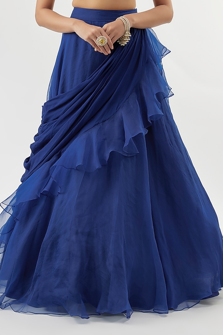 Blue Georgette & Organza Jacket Wedding Lehenga Set by GOPI VAID at Pernia's Pop Up Shop