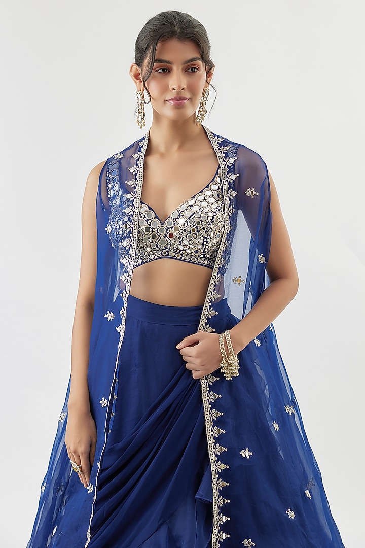 Blue Georgette & Organza Jacket Wedding Lehenga Set by GOPI VAID at Pernia's Pop Up Shop