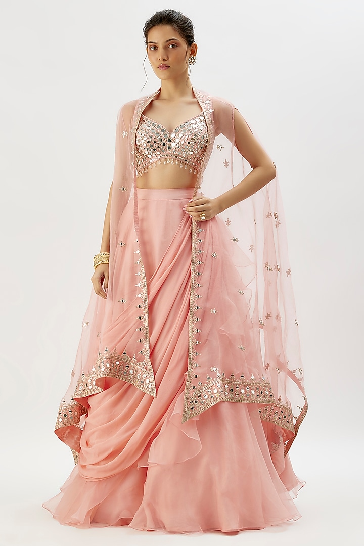 Light Pink Georgette & Organza Jacket Wedding Lehenga Set by GOPI VAID at Pernia's Pop Up Shop