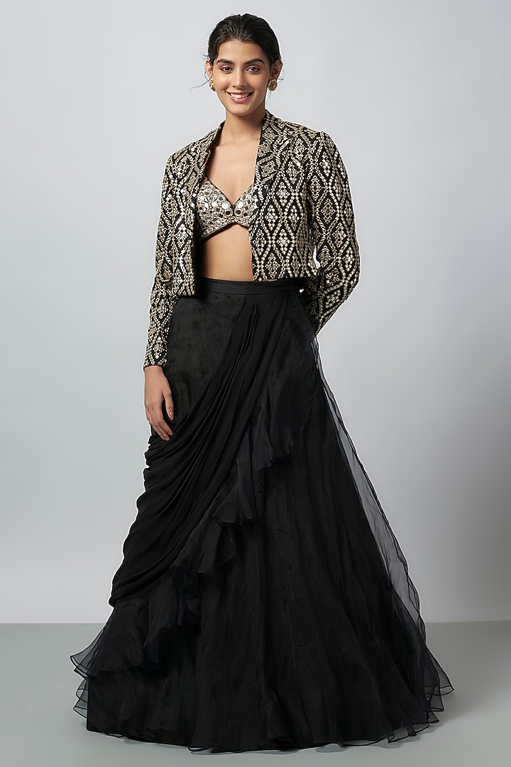 Black Tussar Embroidered Blazer Set by GOPI VAID at Pernia's Pop Up Shop