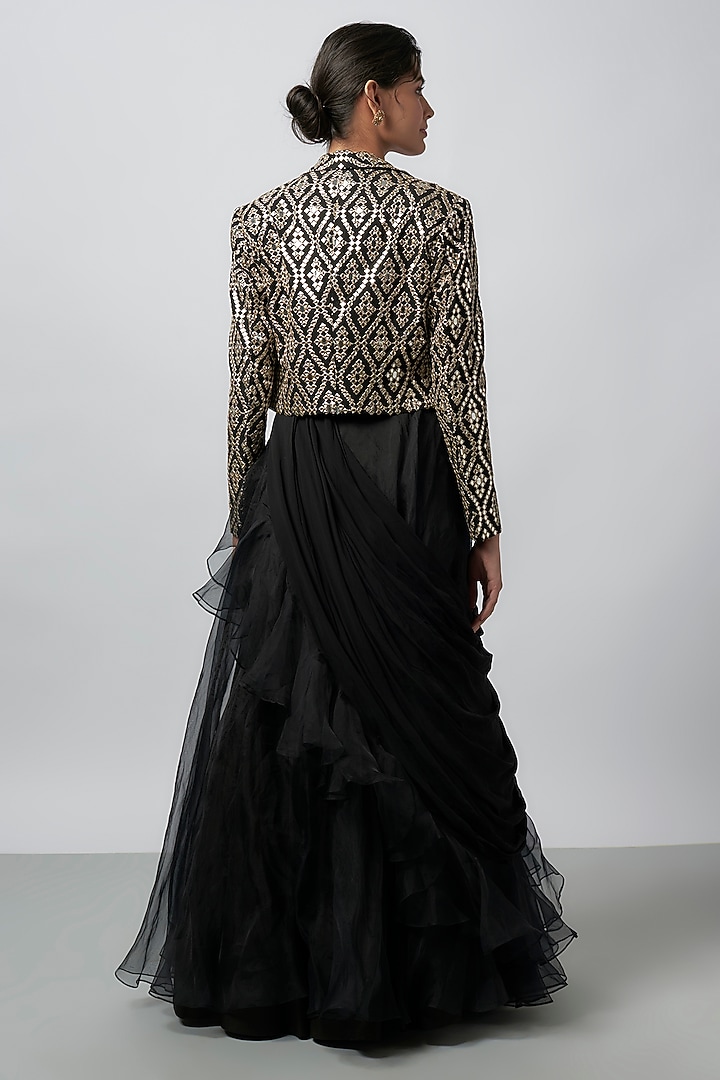Black Tussar Embroidered Blazer Set by GOPI VAID at Pernia's Pop Up Shop