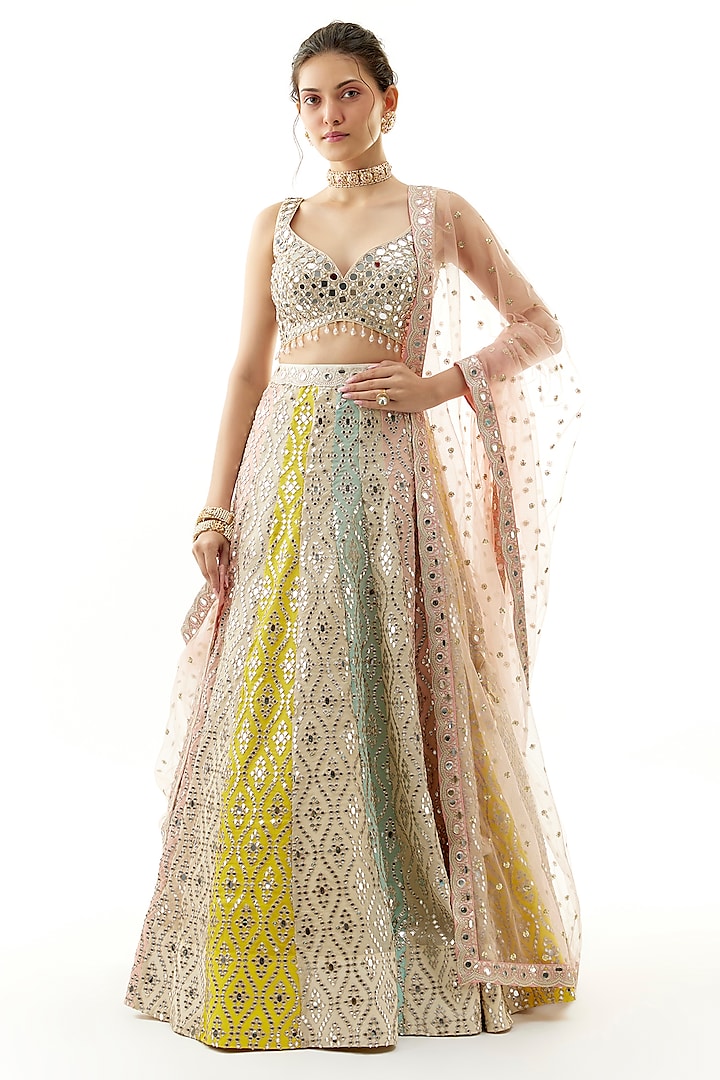 Multi-Colored Tussar Katri Mirror Embroidered Wedding Lehenga Set by Gopi Vaid at Pernia's Pop Up Shop