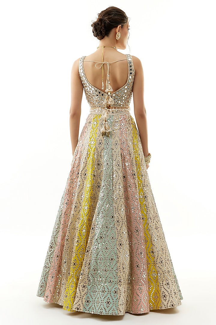 Multi-Colored Tussar Katri Mirror Embroidered Wedding Lehenga Set by Gopi Vaid at Pernia's Pop Up Shop