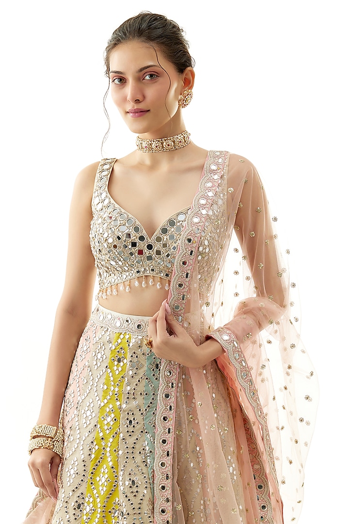 Multi-Colored Tussar Katri Mirror Embroidered Wedding Lehenga Set by Gopi Vaid at Pernia's Pop Up Shop