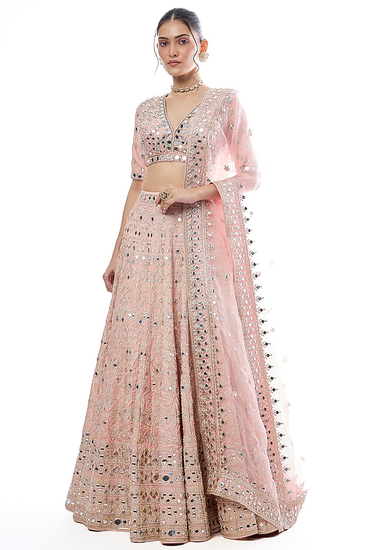 Pink Tussar Embroidered Wedding Lehenga Set by GOPI VAID at Pernia's Pop Up Shop