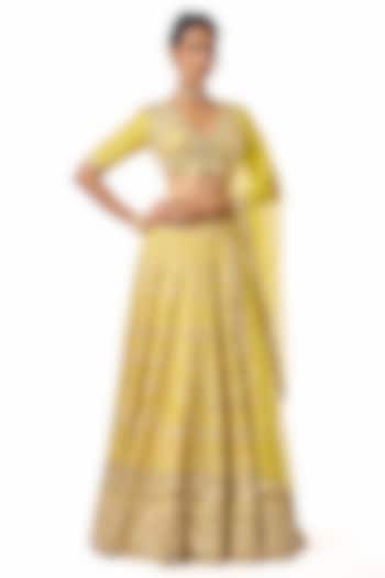 Yellow Tussar Mirror Embroidered Wedding Lehenga Set by GOPI VAID at Pernia's Pop Up Shop