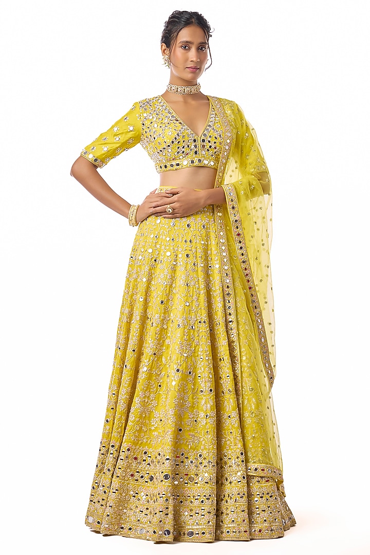 Yellow Tussar Mirror Embroidered Wedding Lehenga Set by GOPI VAID at Pernia's Pop Up Shop