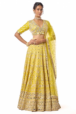 Yellow Tussar Mirror Embroidered Lehenga Set by GOPI VAID