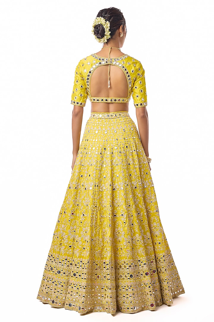 Yellow Tussar Mirror Embroidered Wedding Lehenga Set by GOPI VAID at Pernia's Pop Up Shop