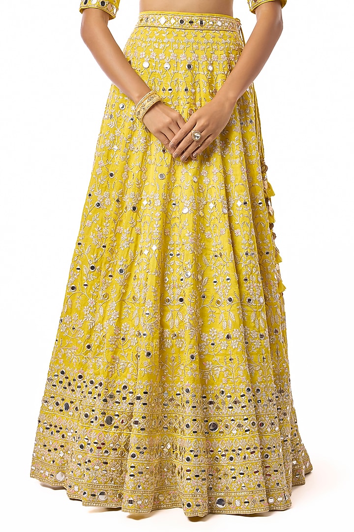 Yellow Tussar Mirror Embroidered Wedding Lehenga Set by GOPI VAID at Pernia's Pop Up Shop
