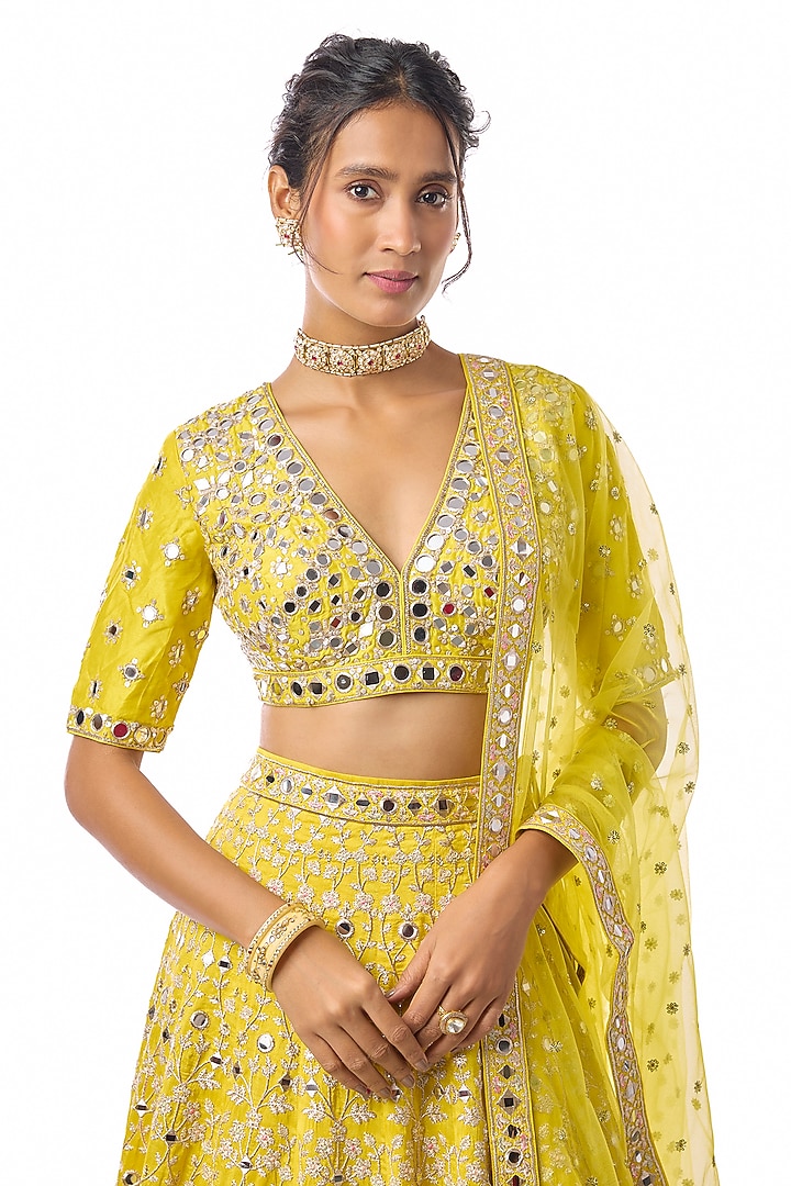 Yellow Tussar Mirror Embroidered Wedding Lehenga Set by GOPI VAID at Pernia's Pop Up Shop