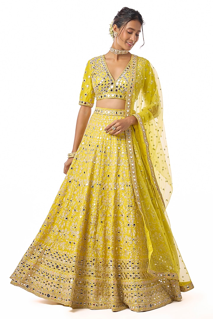 Yellow Tussar Mirror Embroidered Wedding Lehenga Set by GOPI VAID at Pernia's Pop Up Shop