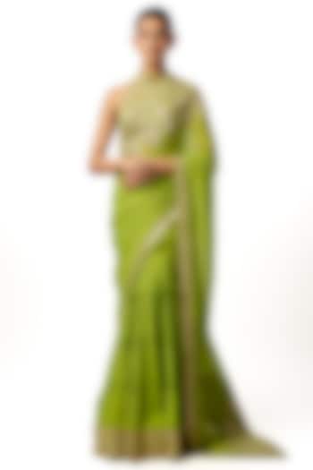 Green Georgette Embroidered Pleated Drape Wedding Saree Set by GOPI VAID at Pernia's Pop Up Shop