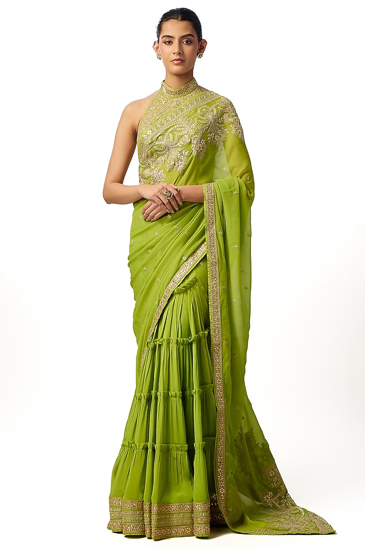 Green Georgette Embroidered Pleated Drape Wedding Saree Set by GOPI VAID at Pernia's Pop Up Shop